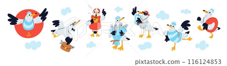 Funny seagull character. Cartoon seabird flies. Bird drinking tea or coffee. Marine birdie carries bunch of fish. Cute nautical mascot in sailor costume. Water animals. Garish vector set Funny seagull character. Cartoon seabird flies. Bird drinking tea or coffee. Marine birdie carries bunch of fish. Cute nautical mascot in sailor costume. Water animals. Garish vector set 116124853