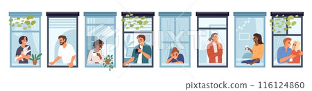 Housemates looking out windows. People in apartments. Fluttering curtains. Neighbors sitting at windowsill. Happy characters drinking coffee or playing with pets. Garish vector set Housemates looking out windows. People in apartments. Fluttering curtains. Neighbors sitting at windowsill. Happy characters drinking coffee or playing with pets. Garish vector set 116124860