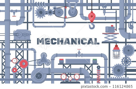 Mechanical frame. Industrial details. Steampunk or robot elements. Technical mechanisms installation. Machines parts. Engine pump and crane. Metal pipeline. Vector engineering concept 116124865
