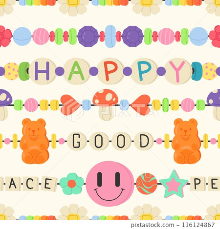 Plastic beads bracelets seamless pattern. Threads with colored different shapes of pearls. Craft necklaces. Repeated print. Funky jewellery. Girls bijouterie. Recent vector background Plastic beads bracelets seamless pattern. Threads with colored different shapes of pearls. Craft necklaces. Repeated print. Funky jewellery. Girls bijouterie. Recent vector background 116124867