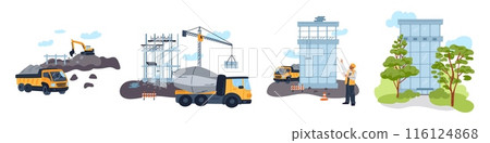 Several stages of building construction. Digging pit with excavator truck. Concrete frame loading. Surrounding area landscaping. Worker controls build process. Garish vector concept Several stages of building construction. Digging pit with excavator truck. Concrete frame loading. Surrounding area landscaping. Worker controls build process. Garish vector concept 116124868