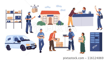 Visitors in post office. People receive and send letters. Mail carriers weighed and shipped parcel boxes. Courier in uniform. Delivery service. Correspondence shipment. Garish vector set 116124869