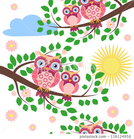 Seamless colorful owl pattern for children with flowers, clouds, branches. Seamless colorful owl pattern for children with flowers, clouds, branches. 116124958