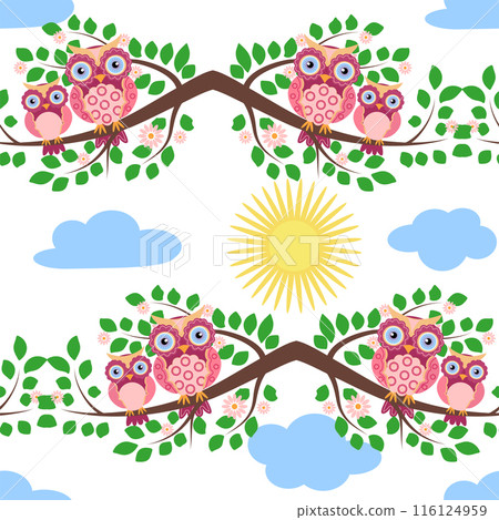 Seamless colorful owl pattern for children with flowers, clouds, branches. Seamless colorful owl pattern for children with flowers, clouds, branches. 116124959