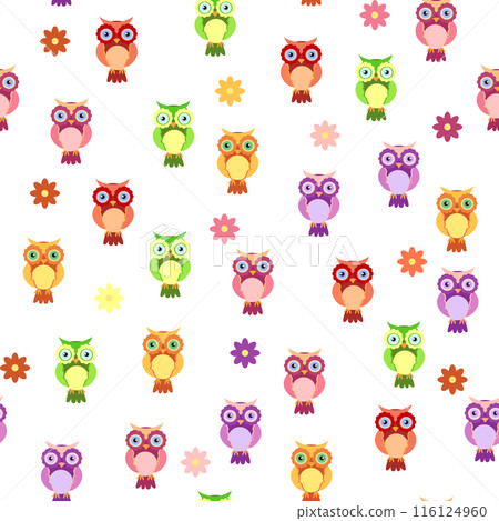 Seamless colorful owl pattern for children with flowers, clouds, branches. 116124960