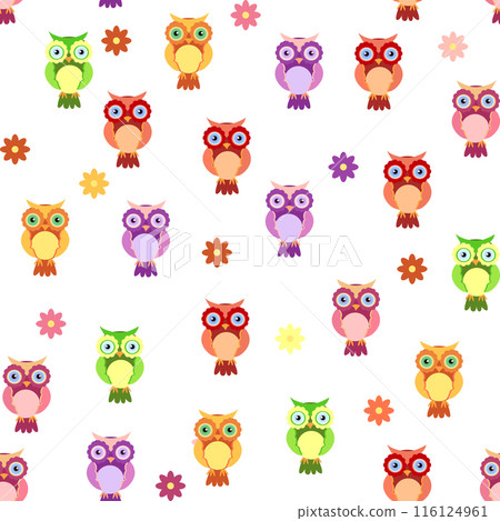 Seamless colorful owl pattern for children with flowers, clouds, branches. 116124961