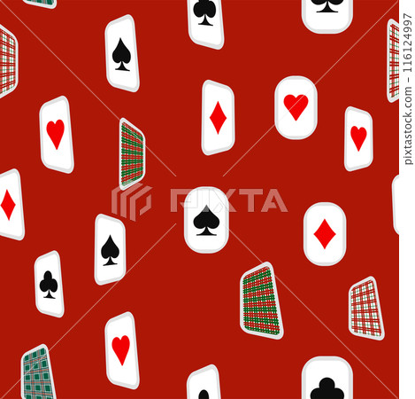 Red, black, golden suits of playing cards seamless pattern. Spades, crosses, diamonds, heart Red, black, golden suits of playing cards seamless pattern. Spades, crosses, diamonds, heart 116124997