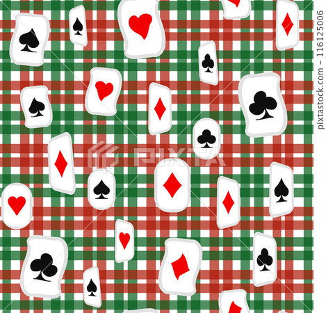 Red, black, golden suits of playing cards seamless pattern. Spades, crosses, diamonds, heart 116125006