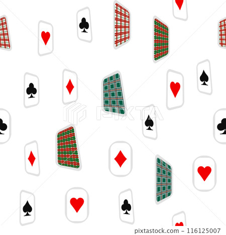 Red, black, golden suits of playing cards seamless pattern. Spades, crosses, diamonds, heart Red, black, golden suits of playing cards seamless pattern. Spades, crosses, diamonds, heart 116125007