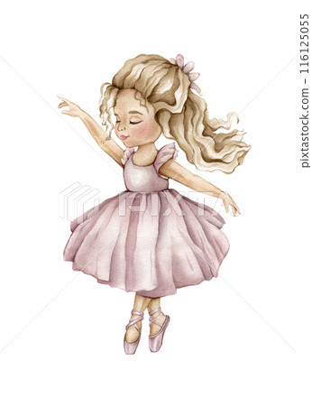 Watercolor dancing ballerina in pink dress and blond hair. Hand drawn classic ballet performance, pose. Young ballerina kid illustration isolated. Cute watercolor illustration for baby girl nursery 116125055