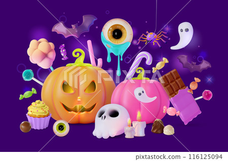 3d Happy Halloween Trick or Treat Concept Background Cartoon Design Style. Vector illustration of Different Candy and Pumpkin 116125094