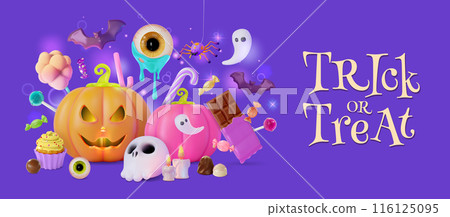 3d Happy Halloween Trick or Treat Concept Ads Banner Poster Card Template . Vector illustration of Different Candy and Pumpkin 116125095