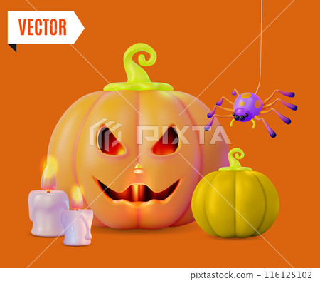 3d Happy Halloween Concept Cartoon Design Style. Vector illustration of Pumpkin with Cut Scary Smile and Spider 3d Happy Halloween Concept Cartoon Design Style. Vector illustration of Pumpkin with Cut Scary Smile and Spider 116125102