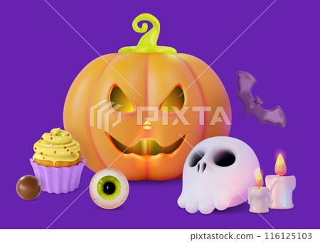 3d Happy Halloween Concept Cartoon Design Style. Vector illustration of Pumpkin with Cut Scary Smile and Different Candies 116125103
