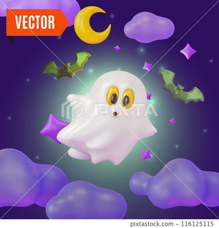 3d Happy Halloween Concept Cartoon Design Style. Vector illustration of Fly Ghost with Bats on Night Moon 116125115