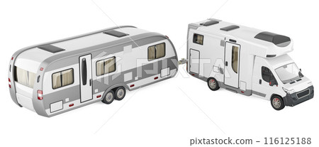 Motorhome and Caravan, 3D rendering 116125188