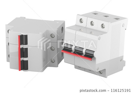 Two three pole miniature circuit breakers. 3D rendering Two three pole miniature circuit breakers. 3D rendering 116125191
