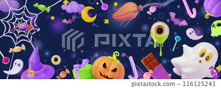 3d Halloween Concept Banner or Party Invitation Background Place for Text Cartoon Design Style. Vector illustration 3d Halloween Concept Banner or Party Invitation Background Place for Text Cartoon Design Style. Vector illustration 116125241