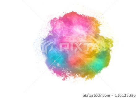 abstract powder splatted background. Colorful powder explosion on white background. Colored cloud. Colorful dust explode. Paint Holi. 116125386