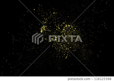 Golden powder explosion on black background. Freeze motion. 116125398