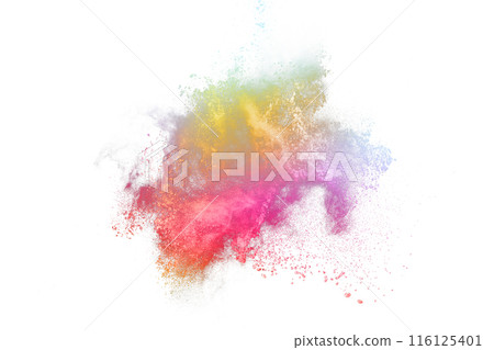 abstract powder splatted background. Colorful powder explosion on white background. Colored cloud. Colorful dust explode. Paint Holi. 116125401
