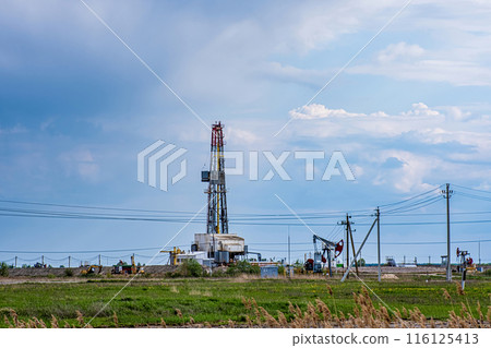 Oil production in oilfield. Oil drilling rig on background of cloudy sky. Petroleum industry, oil crisis. Crude oil from ground. Oil production in oilfield. Oil drilling rig on background of cloudy sky. Petroleum industry, oil crisis. Crude oil from ground. 116125413