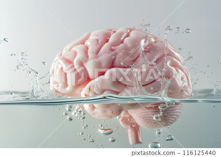 Brainwashing concept. Human brain partially submerged in water with splashes and droplets 116125440