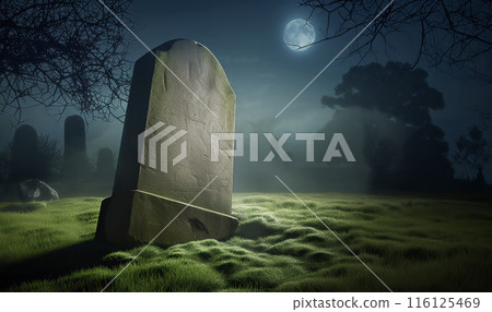 Old unmarked tombstone in a foggy, moonlit cemetery with surrounding trees 116125469
