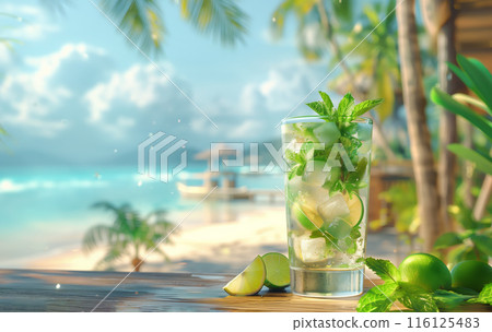 Mojito cocktail with lime and mint leaves, in a tall glass on a wooden table by the beach 116125483