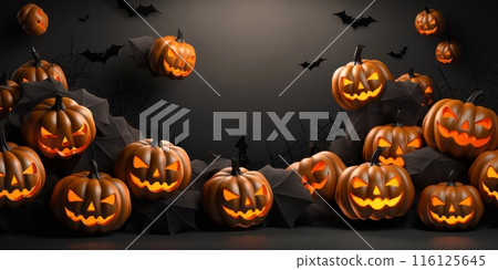 Halloween pumpkins with glowing faces in a dark forest 116125645