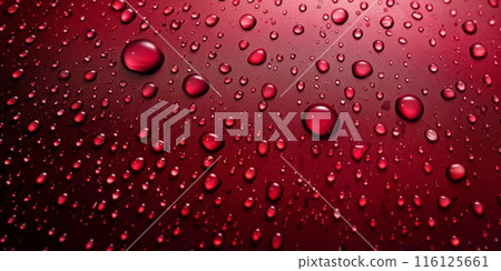 Water droplets on red surface. Macro photography for background 116125661