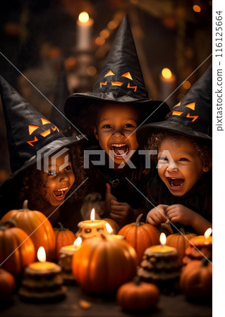 Group of children in witch costumes with pumpkins, smiling and laughing. Group of children in witch costumes with pumpkins, smiling and laughing. 116125664