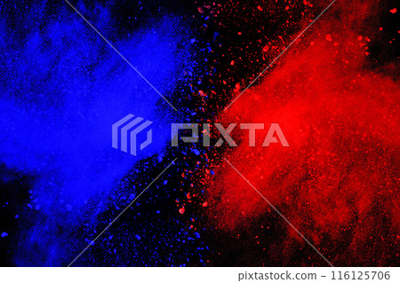 Blue and Red color powder explosion on black background. Colored cloud. Colorful dust explode. Paint Holi. 116125706
