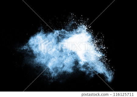 abstract blue powder splatted background,Freeze motion of color powder exploding/throwing color powder,color glitter texture on black background. 116125711