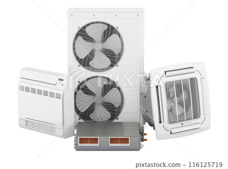 Air conditioner outdoor compressor multi-zone unit, ceiling cassette unit, floor standing air conditioner and slim duct ceiling unit. 3D rendering 116125719