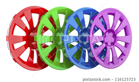 Colored hubcaps, wheel covers. 3D rendering 116125723