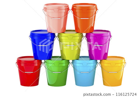 Colored Plastic Paint Buckets, 3D rendering Colored Plastic Paint Buckets, 3D rendering 116125724