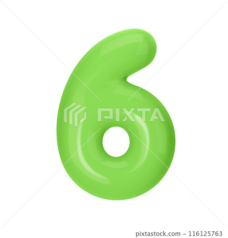 Numeral 6 - Green Plastic Balloon Number six Isolated on White Background. 3D Style Vector Illustration 116125763