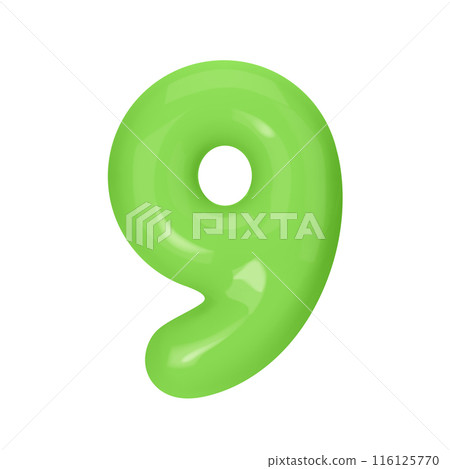 Numeral 9 - Green Plastic Balloon Number nine Isolated on White Background. 3D Style Vector Illustration 116125770