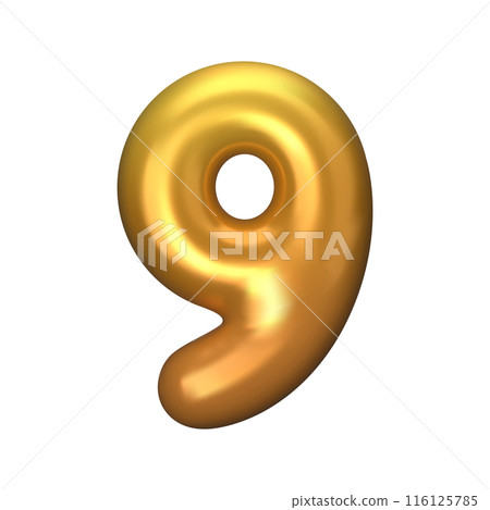 Numeral 9 - Golden Plastic Balloon Number nine Isolated on White Background. 3D Style Vector Illustration 116125785