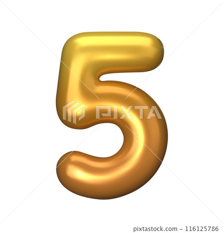 Numeral 5 - Golden Plastic Balloon Number five Isolated on White Background. 3D Style Vector Illustration 116125786