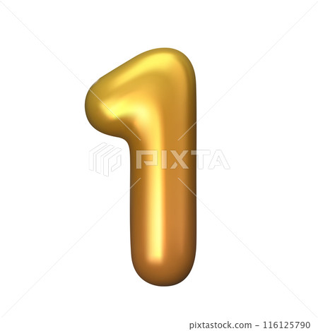Numeral 1 - Golden Plastic Balloon Number one Isolated on White Background. 3D Style Vector Illustration 116125790