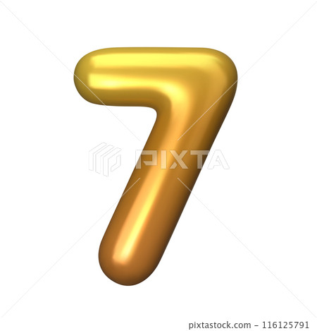 Numeral 7 - Golden Plastic Balloon Number seven Isolated on White Background. 3D Style Vector Illustration 116125791