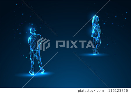 Couple conflict, separation, divorce futuristic concept with man and woman silhouette moving apart Couple conflict, separation, divorce futuristic concept with man and woman silhouette moving apart 116125856