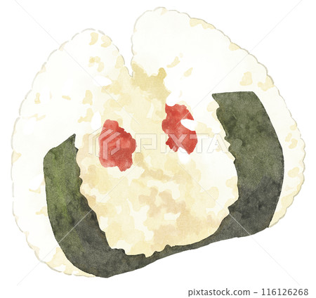 Rice ball with pickled plum inside, split in half (outlined) Watercolor touch 116126268