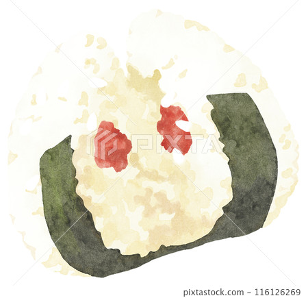 Rice ball split in half with pickled plum inside, watercolor touch 116126269