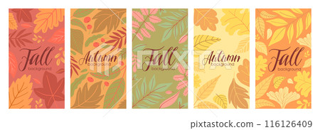 Autumn background set with colorful fall leaves, vibrant patterns, and seasonal foliage design 116126409