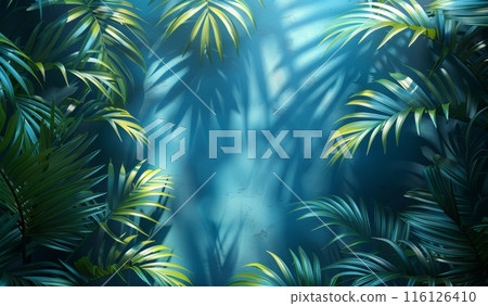 Tropical palm leaves casting shadows on a vibrant blue background, creating serene, exotic ambiance 116126410