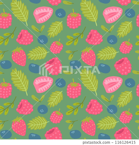 Colorful berry pattern with strawberries, raspberries, blueberries green leaves on green background Colorful berry pattern with strawberries, raspberries, blueberries green leaves on green background 116126415