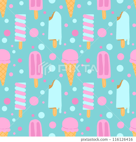 Colorful seamless pattern of ice creams, popsicles, and cones on a pastel blue background Colorful seamless pattern of ice creams, popsicles, and cones on a pastel blue background 116126416